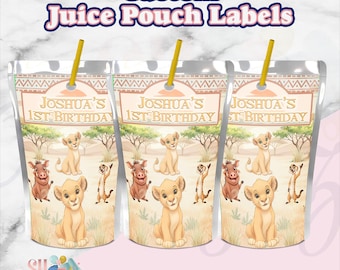 Etykiety na saszetki z sokiem urodzinowym Król Lew, cyfrowe