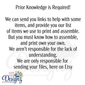 May include: White background with black text stating "Prior Knowledge is Required!" and other details about the product. The Etsy shop logo is at the bottom, featuring the shop name "SH Designz" and the tagline "FULL OF CUSTOM CREATIONS."