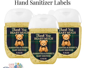 Teddy Bear Baby Shower Thank You Santizers Stickers - Preppy Plaid Baby Shower, Teddy Bear Shower - Navy Plaid Baby Shower Favor Santizers
