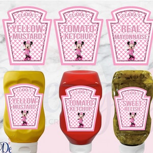 Minnie Mouse Hot Dog labels, Minnie Mouse Birthday, minnie mouse party favors Party, Custom Condiment Labels