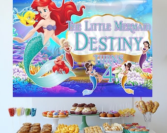 Bannière de fond d'anniversaire La Petite Sirène, cadeaux La Petite Sirène, Ariel la Petite Sirène