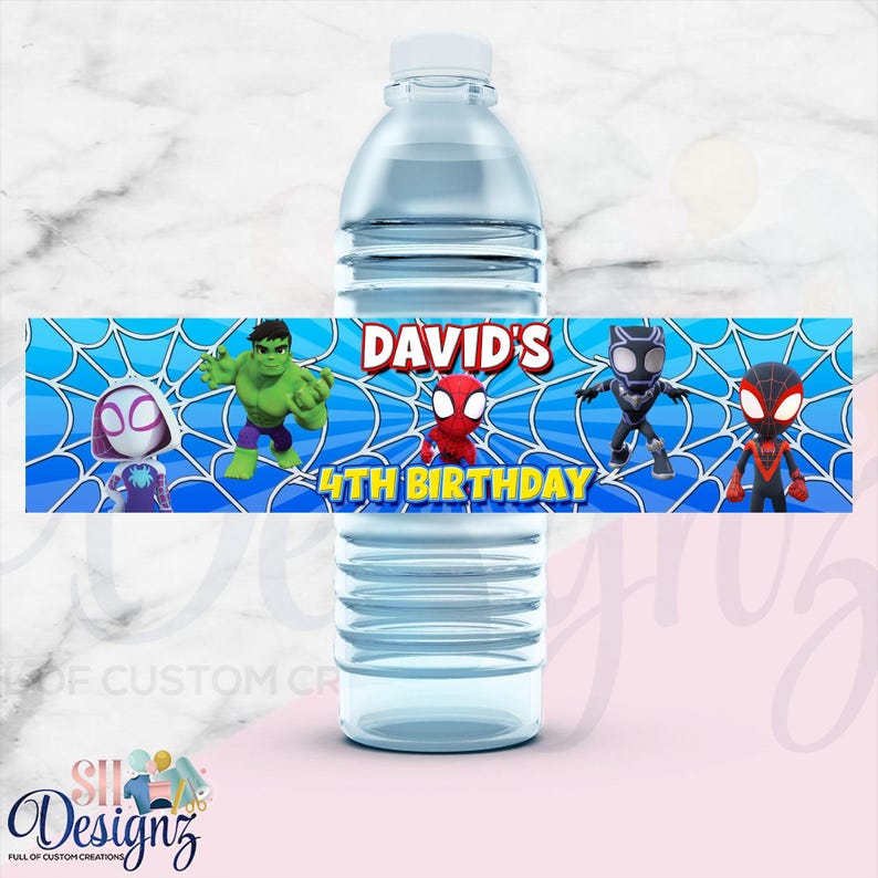 Spidey and Friends Birthday Party Water Bottle Labels, Digital image 1