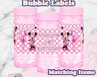 Minnie Mouse Birthday Party Bubble Labels, minnie mouse party favors, minnie mouse party favors
