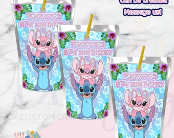 Stitch Birthday Party Juice Labels, Stitch Birthday Party Drinks,  Lilo and Stitch, Stitch and Angel