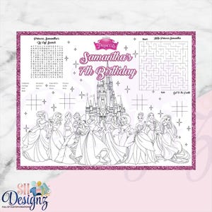 Princess Party Paper Placemats, Princess  Placemats, Princess Bowtique Party , Princess Birthday Party