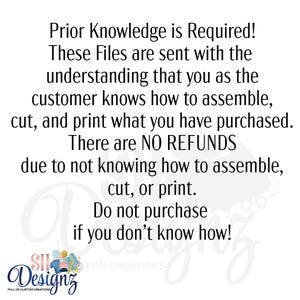May include: White background with black text stating "Prior Knowledge is Required!" and other terms regarding digital files. The SH Designz logo is at the bottom, with the words "FULL OF CUSTOM CREATIONS".