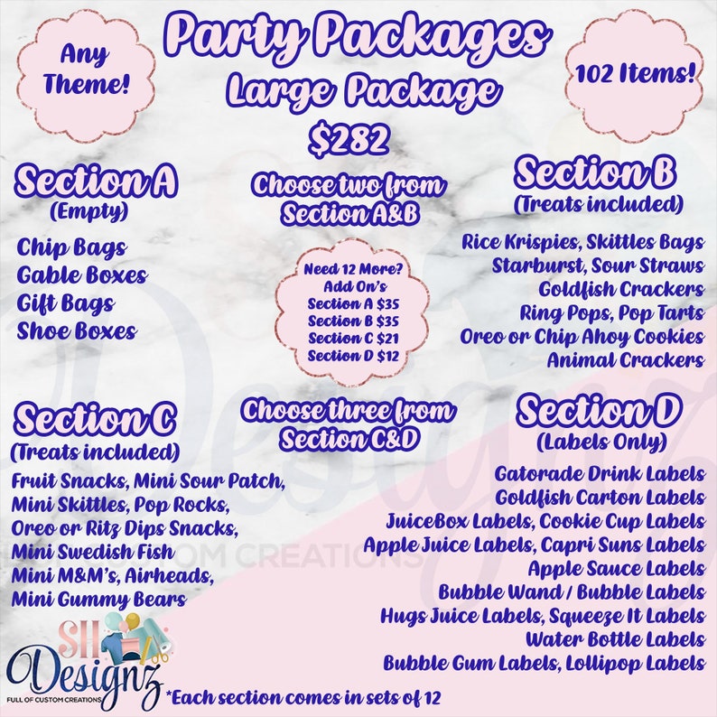 SHD Large Party Package Snack Favors Party Favors Candy Favors Printed Assembled image 1