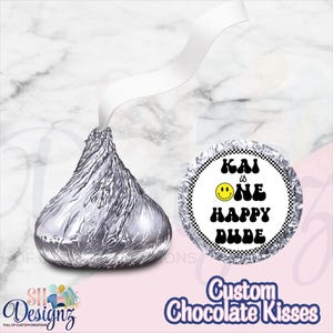 ONE HAPPY DUDE Birthday Chocolate Stickers | 1st Birthday Party Favors | Smiley Face Birthday Labels | Happy Dude, Retro Party Stickers