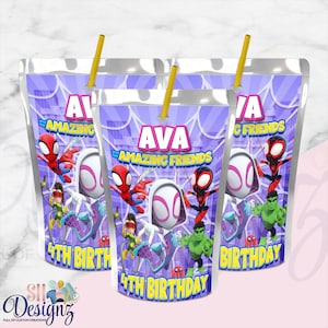 Ghost Spider Birthday Party Juice Labels, Spidey and his Amazing Friends Favors Treats, Spidey and his Amazing Friends Party,