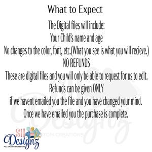 May include: White background with black text that reads "What to Expect" followed by details about digital files, including the child's name and age. The text also states "NO REFUNDS" and conditions for refunds. The bottom features a logo.