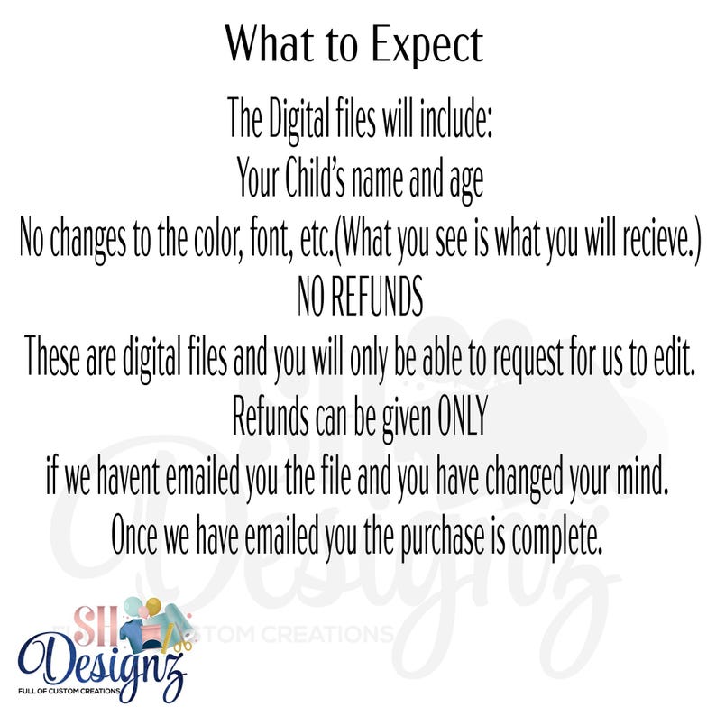 May include: White background with black text that reads "What to Expect" followed by details about digital files, including the child's name and age. The text also states "NO REFUNDS" and conditions for refunds. The bottom features a logo.