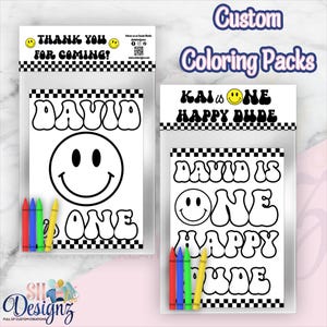 ONE HAPPY DUDE Birthday Coloring Packs | 1st Birthday Party Favors | Smiley Face Birthday Labels | Happy Dude, Retro Party