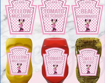 Minnie Mouse Hot Dog labels, Minnie Mouse Birthday, minnie mouse party favors Party, Custom Condiment Labels