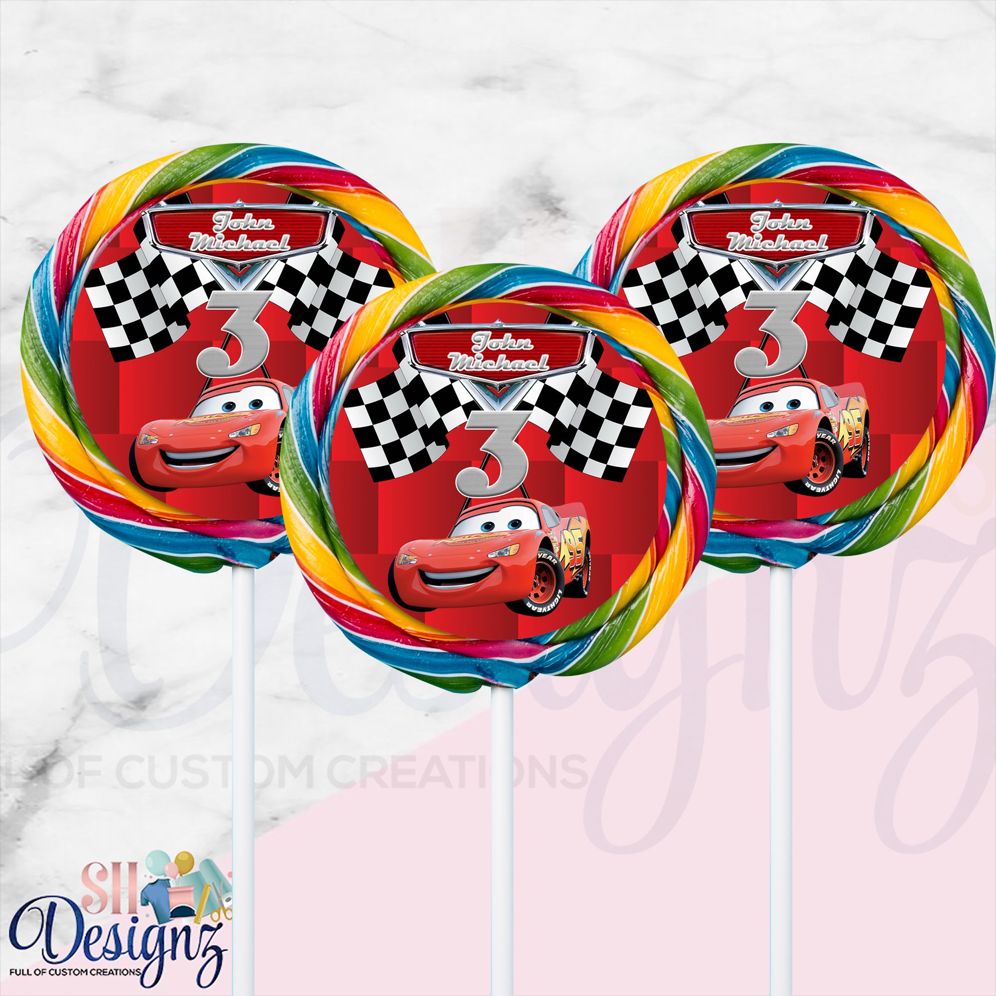 Personalised Round Disney Cars Birthday Party Stickers Sweet Bag