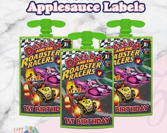 Mickey's Roadster Rennfahrer Geburtstag Apfelmus Beutel Etiketten, ( DIGITAL)