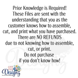 May include: White background with black text stating "Prior Knowledge is Required!" and other terms regarding digital files. The SH Designz logo is at the bottom, with the text "FULL OF CUSTOM CREATIONS".