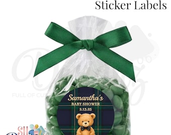 Teddy Bear Baby Shower Stickers -  Bearly Wait - Preppy Plaid Baby Shower, Teddy Bear Shower Favor - Navy Plaid Baby Shower Favor