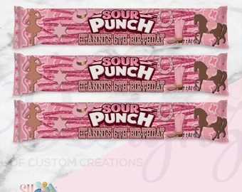 May include: Three pink Sour Punch candy wrappers featuring a western theme with a cowgirl silhouette, a cowboy hat, a star, a horseshoe, a pink cowboy boot, and a brown horse. The text reads SOUR PUNCH and CI'ANNI'S 6TH BIRTHDAY, 2 oz (57 g).