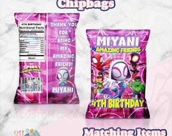 Ghost Spider, Birthday Party Chip Bags, Ghost Spider Theme, Spidey Party, Spidey Birthday, Spidey and his Amazing Friends