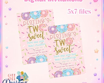 Donut "Two Sweet" Birthday Invitations, Custom Digital File (5x7 PDF)