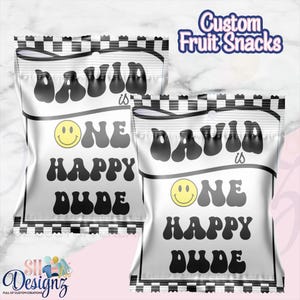 ONE HAPPY DUDE Birthday Fruit Snacks | 1st Birthday Party Favors | Smiley Face Birthday Labels | Happy Dude, Retro Party fs