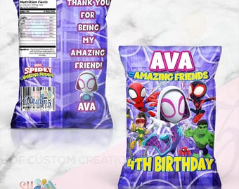 Ghost Spider, Birthday Party Chip Bags, Ghost Spider Theme, Spidey Party, Spidey Birthday, Spidey and his Amazing Friends