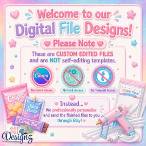 May include: A digital information graphic with pastel pink, blue, and purple accents. Text reads: Welcome to our Digital File Designs! Please Note: These are CUSTOM EDITED FILES and are NOT self-editing templates. Includes icons for No Canva, Corjl, and Templett access, plus illustrations of chips, juice, candy, sticker paper, and a glue gun.