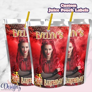 Rise of Red Descendants Theme Birthday Party Drink Labels, Rise of Red Party, Descendants 3 Party, Theme Favors