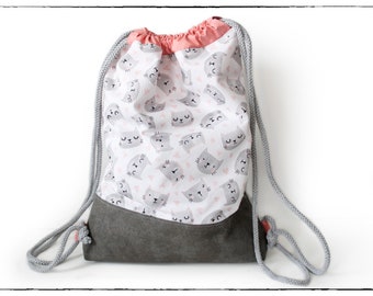 Turnbeutel Rucksack "Kitty Katze" Weiß-Rosé