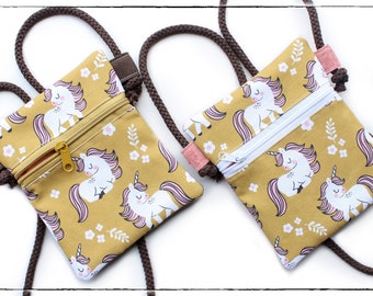 Neck pouch, children's bag "Unicorn" mustard yellow