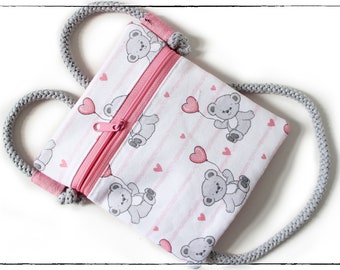 Brustbeutel, Kindertasche "kleiner Teddybär mit Herz" Rosa-grau