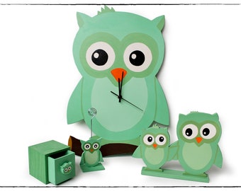 Set "Owl Timmi" Wall Clock, Decorative Figure, Note Holder, Box, Green