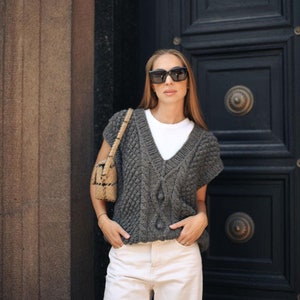 Chunky knit gray alpaca wool sweater vest, grey cable knitted v-neck winter gilet,thick handmade Fair Isle hand-made top pullover with braid