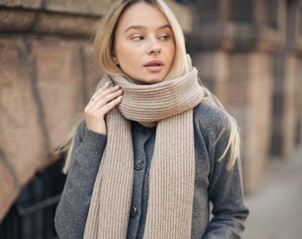 Long Soft Beige Knitted Merino Wool Women's Scarf, Warm Camel Ribbed Knit Minimal Fall Winter Scarves, Taupe Unisex Neck Wrap, Gift For Her