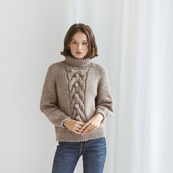 Chunky knit camel beige turtleneck alpaca wool sweater, brown cable knitted women's pullover, taupe roll neck hand made jumper with braid