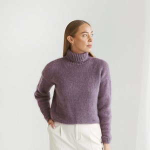 Purple mohair sweater, violet cable knit alpaca pullover, heather fuzzy mohair turtleneck jumper, fluffy mohair high neck sweater, gift