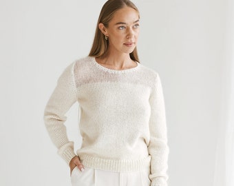 Pull en mohair blanc, pull en alpaga de coupe classique, pull en mohair torsadé, pull en tricot à col rond duveteux, pull en laine blanc laiteux, cadeau