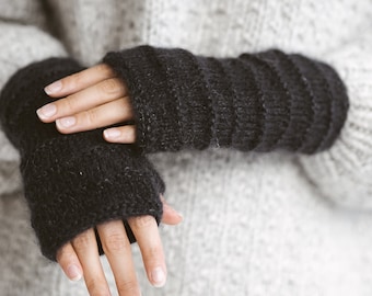 Black mohair fingerless gloves, cable knit women mittens, knitted hand warmers, alpaca wool fingerless winter gloves, gift, long warm gloves