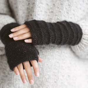 Black mohair fingerless gloves, cable knit women mittens, knitted hand warmers, alpaca wool fingerless winter gloves, gift, long warm gloves image 1