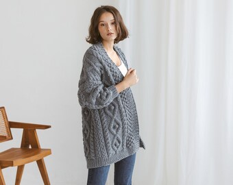 Gray super chunky knit alpaca wool cardigan with buttons, Irish cable knitted grey oversized women's sweater, thick jacket with braids, gift