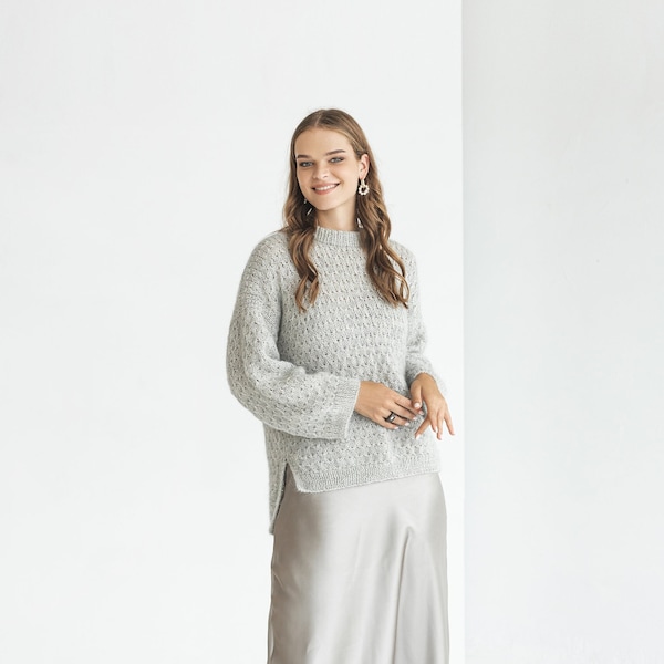 Gray mohair knitted sweater, wide sleeves, longer back alpaca wool blend jumper, fuzzy cable knit pullover, grey fluffy oversized thick pull