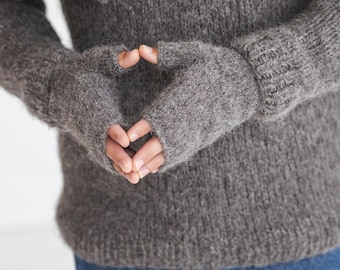 Gray knitted fingerless mens mittens, grey cable knit alpaca wool gloves, pastel winter hand warmers, hand made wrist warmers for man, gift