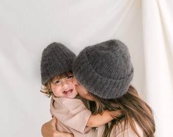 Mommy and me matching knit hats, gray mom and baby twining hats, mini me matching cable knit hats, matching mother and daughter or son hats