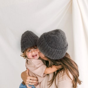 Mommy and me matching knit hats, gray mom and baby twining hats, mini me matching cable knit hats, matching mother and daughter or son hats