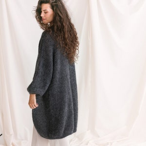 Long Dark Gray Mohair Cardigan, Chunky knit, Oversized Alpaca Wool Sweater, Fuzzy Boho Cardigan, Fluffy Grey Woman Jacket, Balloon Sleeves image 1