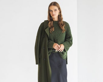 Pull en mohair vert, pull en laine mélangée d'alpaga à manches larges, pull en tricot torsadé duveteux, cadeau de pull épais duveteux légèrement surdimensionné