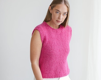 Cerise Red Knitted Vest, Rose Pink Sweater Vest, Cable Knit Alpaca Wool Knit Top, Chunky Knit Vest For Women, Ladies Relax Fit Crew Neck Top