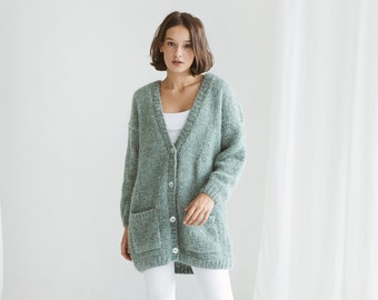 Sea Green Alpaca Cardigan With Pockets, Relaxed Fit Cable Knit Buttoned Cardigan, Chunky Knit Alpaca Wool Sweater With Buttons, Oversized