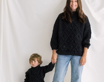 Matching Mother And Son Handmade Sweaters, Dark Gray Mommy and Me Cable Knit Jumpers, Mini Me Toddler Pullover, Alpaca Baby Boy,Girl Sweater