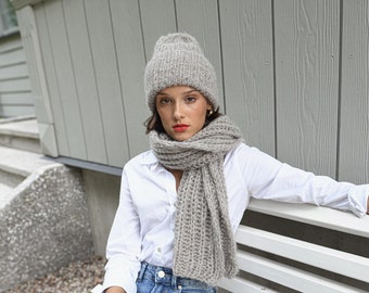 Light gray alpaca scarf and hat set, grey cable knit winter scarf and cap set, chunky knitted blanket scarf and beanie set. Gift for women